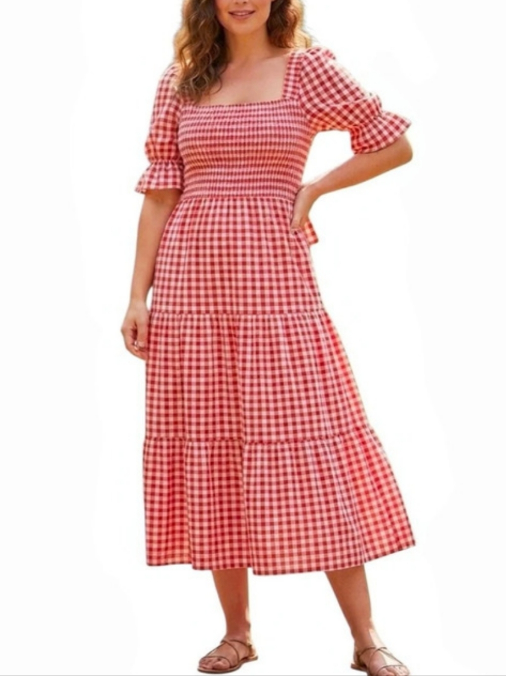 Zesica Dress Size M Red Gingham Plaid Smocked Boho Tiered Puff Sleeve Picnic NWT